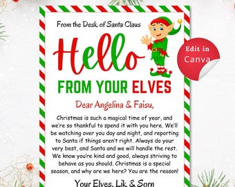 May include: A red and green striped card with a cartoon elf holding a sign that says "Hello from your elves". The card has a message to Angelina and Faisu from Santa's elves wishing them a magical Christmas.