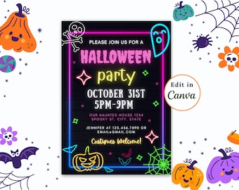 Könnte beinhalten: Neon-Schriftzug Halloween-Party-Einladung mit schwarzem Hintergrund und neonrosa, blauem und grünem Rand. Der Text lautet "Bitte schließen Sie sich uns zu einer Halloween-Party an, am 31. Oktober, 17:00-21:00 Uhr, Unser Spukhaus 1234 Spooky St. City, State, Jennifer unter 123.456.7890 oder email@gmail.com, Kostüme willkommen!" Die Einladung zeigt auch einen Totenkopf und Knochen, einen Geist, eine Spinne und einen Kürbis.