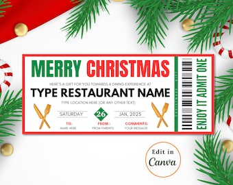 May include: A red and green Christmas gift certificate with the text "Merry Christmas" and "Enjoy It Admit One". The certificate is for a dining experience at a restaurant. The text "Type Restaurant Name" is included with instructions to type the restaurant's name and location. The certificate is dated January 26, 2025.