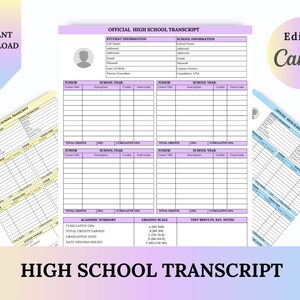 May include: A printable high school transcript template in a light purple and yellow color scheme. The template includes sections for student information, school information, junior and senior year courses, academic summary, grading scale, and test results. The text "Edit in Canva" is in a pink and purple circle in the upper right corner.