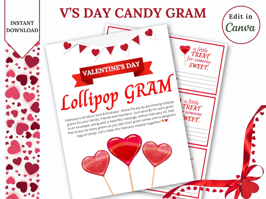 EDITABLE VALENTINES DAY Lollipop Gram, Valentine's Grams, Candy Grams