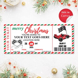 Bewerkbare autoracetickets, afdrukbare kerstcadeausjabloon, perfect voor karten en speedwayavonturen, direct downloaden, canvasjabloon