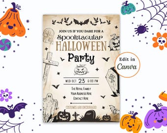 May include: A vintage-style Halloween party invitation with a black and white illustration of a spooky graveyard, bats, and a ghost. The text reads "Join us if you dare for a Spooktacular Halloween Party" with the date and time "Wed Oct 23 6:00 PM". The invitation also includes the text "The Royal Family, Your Address Here, Contact Here, Costumes are encouraged".