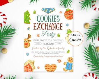 May include: A Christmas cookie exchange party invitation with a gingerbread house, reindeer, snowman, and other festive cookies. The invitation includes the date, time, and location of the party, as well as a request to bring two dozen cookies to share.