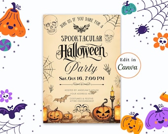 May include: A vintage-style Halloween party invitation with a black and white illustration of a skull, bats, and spiderwebs. The text reads "Join us if you dare for a Spooktacular Halloween Party" with the date and time "Sat. Oct 16. 7:00 PM".