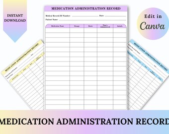 MEDICATION ADMINISTRATION RECORD Template, medication log,Prescription Tracker,  medication list, patient medication, medication printable