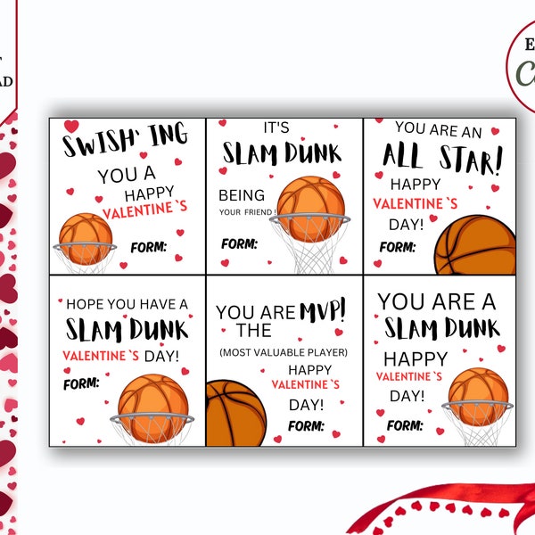 Editable BASKETBALL VALENTINE TAGS, Kids Valentine Card, Sports Valentine's, Basketball Valentine, Basketball Card, Basketball Valentine