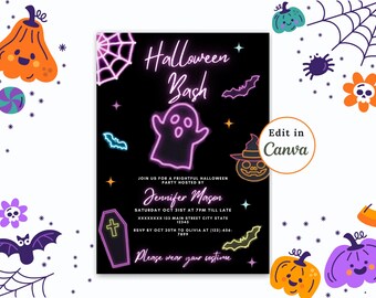 Könnte beinhalten: Eine schwarze und violette Halloween-Partyeinladung mit neonrosa und blauen Akzenten. Die Einladung zeigt ein Gespenst, eine Fledermaus, ein Spinnennetz und einen Sarg. Der Text lautet "Halloween Bash" und enthält Details zur Party, einschließlich Datum, Uhrzeit, Ort und Gastgeber. Die Einladung enthält auch den Text "Bitte trage dein Kostüm".