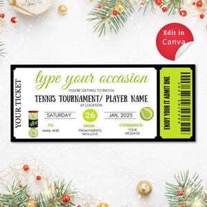 Modèle de billet cadeau TENNIS modifiable, parfait pour toutes les occasions, téléchargement immédiat, billet personnalisable pour un match de tennis ou un tournoi