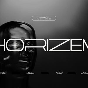 May include: A black and white graphic featuring the word "HORIZEN" in a modern, sans-serif font. The image includes text that reads "PRESENT BY FLAWLESS AND CO", and additional text describing the font as "FUTURISTIC SANS SERIF" and "NEW FONT COLLECTION".