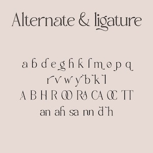 May include: Alternate and ligature font styles for the letters a, b, d, e, g, h, k, l, m, o, p, q, r, v, w, y, and the ligatures 'f', 'b', 'k', 'l', 'A', 'B', 'H', 'R', 'O', 'R', 'A', 'C', 'A', 'C', 'T', 'T', 'an', 'ah', 'sa', 'nn', 'd', 'h'.