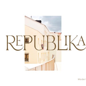 May include: A graphic design for a brand called "Republika" in a brown serif font. The text is set against a background of a building with a balcony and a cloudy sky.