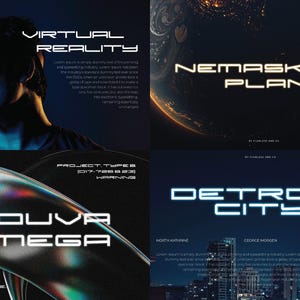 May include: A collage of four images with a futuristic theme. The top left image shows a person wearing a virtual reality headset. The top right image shows a planet with a glowing text overlay that reads "NEMASK PLANET". The bottom left image shows a colorful, abstract shape with the text "NOUVA OMEGA" and the words "Loud from the Universe". The bottom right image shows a cityscape at night with the text "DETROIT CITY".