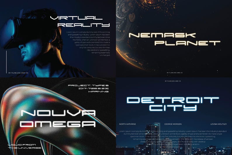 May include: A collage of four images with a futuristic theme. The top left image shows a person wearing a virtual reality headset. The top right image shows a planet with a glowing text overlay that reads "NEMASK PLANET". The bottom left image shows a colorful, abstract shape with the text "NOUVA OMEGA" and the words "Loud from the Universe". The bottom right image shows a cityscape at night with the text "DETROIT CITY".