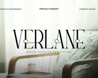 May include: A modern serif font design, "Verlane," in black, is displayed against a soft, neutral background. The font is presented on a pillow with a leaf pattern, and a wooden chair is in the foreground. The text "A New Modern Serif Font" is also visible.