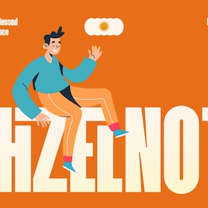 Könnte beinhalten: Eine digitale Illustration auf orangefarbenem Hintergrund mit einer Person in blauem Hemd und orangefarbener Hose, die auf großen weißen Buchstaben sitzt, die EHZELNOT buchstabieren. Text in den Ecken lautet A Bold Condensed Sans Typeface und By Flawless And Co.