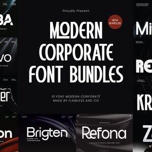 May include: A black graphic featuring various font styles, including "HEZBA," "Geltivo," and "Gavister." The text "MODERN CORPORATE FONT BUNDLES" is prominently displayed, with a "NEW BUNDLES" badge. The image promotes font bundles.