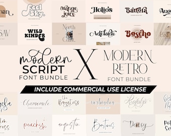 May include: A collage of 20 different font designs, showcasing a variety of styles, including modern script and modern retro. The fonts are displayed in various colors and sizes, with each font name listed below the design. The text "Modern Script Font Bundle" and "Modern Retro Font Bundle" are displayed in large, bold letters at the top of the collage. The text "Include Commercial Use License" is displayed in a black rectangle at the bottom of the collage.