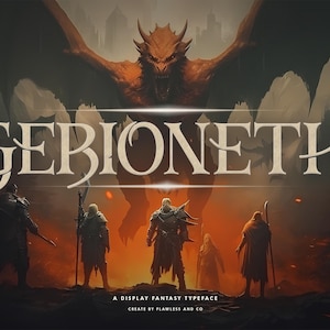 Puede incluir: Ilustración digital de fantasía con la palabra "GEBIONETH" en una fuente estilizada. Un gran dragón naranja se cierne sobre figuras con armadura. El texto "A DISPLAY FANTASY TYPEFACE" y "CREATE BY FLAWLESS AND CO" están en la parte inferior.