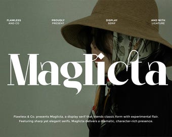 May include: The image showcases the display serif font "Maglicta" in white, with a classic form and experimental flair. The image also includes text that reads "Flawless & Co."