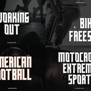 May include: A collage of four images featuring different sports. The top left image shows the text "WORKING OUT". The top right image shows the text "BIKER FREESTYLE". The bottom left image shows the text "AMERICAN FOOTBALL". The bottom right image shows the text "MOTOCROSS EXTREME SPORT".