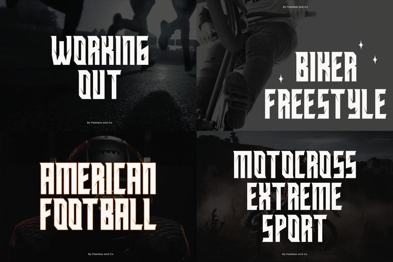 May include: A collage of four images featuring different sports. The top left image shows the text "WORKING OUT". The top right image shows the text "BIKER FREESTYLE". The bottom left image shows the text "AMERICAN FOOTBALL". The bottom right image shows the text "MOTOCROSS EXTREME SPORT".