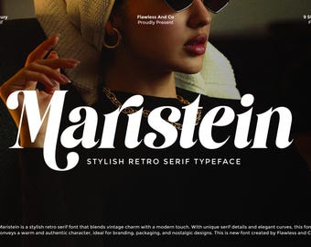 May include: A stylish retro serif typeface called "Maristein" in white, with the words "Stylish Retro Serif Typeface" below it. The image features a person wearing sunglasses and a gold chain.