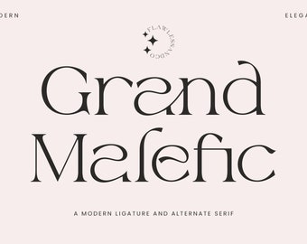 Könnte beinhalten: Ein modernes Schriftdesign namens "Grand Malefic" mit dem Slogan "Eine moderne Ligatur und eine alternative Serifenschrift".