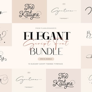 Könnte beinhalten: Eine Sammlung von 10 eleganten Schriftarten, jede mit einem einzigartigen Stil. Die Schriftarten werden in einem Raster mit dem Titel "Elegant Script Font Bundle" angezeigt.