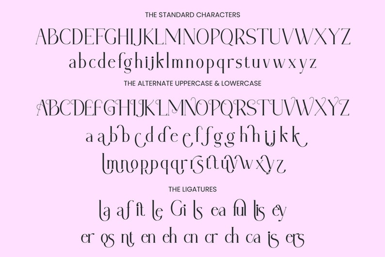 May include: A font alphabet chart with the standard characters, alternate uppercase and lowercase characters, and ligatures. The font is a decorative script style.