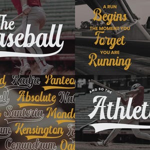 May include: A collage of images featuring the word "Baseball" in a white cursive font with a yellow baseball-style arc underneath. The word "Athletics" is also featured in a white cursive font with a white baseball-style arc underneath. The text "A run begins the moment you forget you are running" is featured in a yellow cursive font.