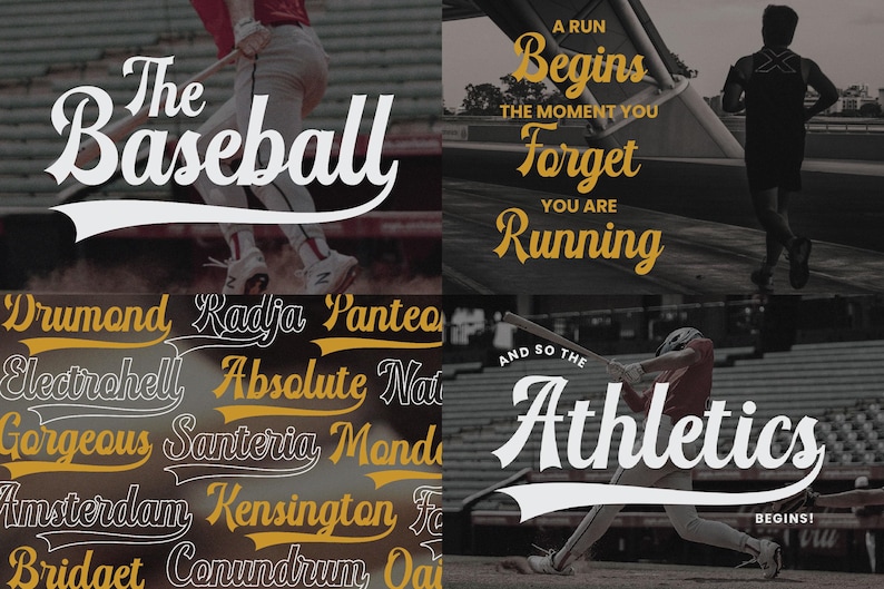 May include: A collage of images featuring the word "Baseball" in a white cursive font with a yellow baseball-style arc underneath. The word "Athletics" is also featured in a white cursive font with a white baseball-style arc underneath. The text "A run begins the moment you forget you are running" is featured in a yellow cursive font.