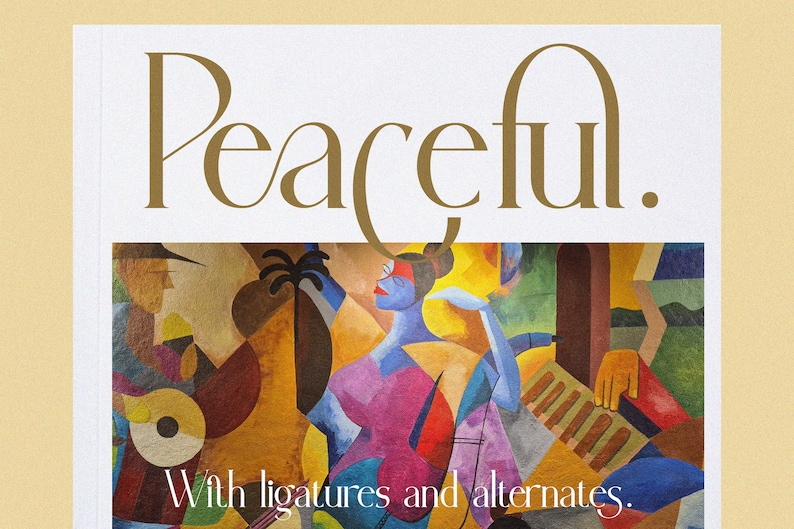 May include: A colorful abstract painting with a title that reads "Peaceful. With ligatures and alternates."