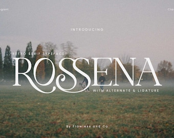 May include: A retro serif typeface called "Rossena" with alternate and ligature options. The font is displayed against a blurred background of trees and fog.