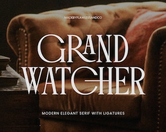 Könnte beinhalten: Nahaufnahme eines braunen Ledersessels mit einem weißen Kissen. Der Text "GRAND WATCHER" wird in einer weißen Serifenschrift mit dem Slogan "MODERN ELEGANT SERIF WITH LIGATURES" darunter angezeigt.