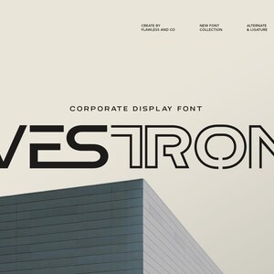 May include: A corporate display font called "VESTRON" in a bold, black sans-serif style. The image includes the text "CREATE BY FLAWLESS AND CO," "NEW FONT COLLECTION," "ALTERNATE & LIGATURE," and "MULTILINGUAL SUPPORT."