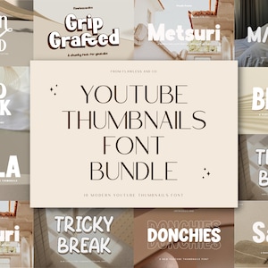 以下が含まれることがあります： 10種類の異なるフォントを組み合わせたコラージュで、それぞれがユニークなスタイルで表示されています。中央には「YOUTUBE THUMBNAILS FONT BUNDLE」というテキストが表示されています。これらのフォントは、YouTubeのサムネイルで使用するためにデザインされています。