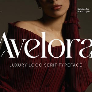 May include: Image features the word "Avelora" in a white serif font, with the text "LUXURY LOGO SERIF TYPEFACE" below it. The background is a dark red pleated fabric. Additional text includes "Published by Flawless and Co" and "Suitable for Brand Logos, Alternate & Multilingual."