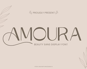 May include: A beige background with the word "AMOURA" in a brown sans-serif font. Below the word is "BEAUTY SANS DISPLAY FONT". The text "PROUDLY PRESENT" and a copyright notice are also present.