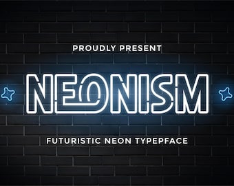 May include: A neon sign on a black brick wall displays the word "NEONISM" in white, outlined with a blue glow. The text "PROUDLY PRESENT" and "FUTURISTIC NEON TYPEFACE" are above and below the main text, respectively. Blue star shapes flank the main text.