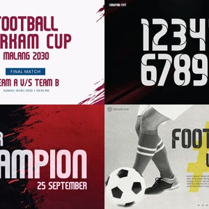May include: A graphic design featuring a bold, black and white font with the text "Football Tarkam Cup Malang 2030" and "Team A v/s Team B". The design also includes a soccer ball and the text "Super Champion 25 September" in a bold, black and white font.