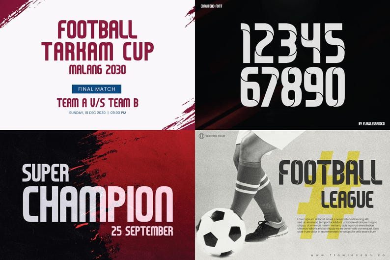 May include: A graphic design featuring a bold, black and white font with the text "Football Tarkam Cup Malang 2030" and "Team A v/s Team B". The design also includes a soccer ball and the text "Super Champion 25 September" in a bold, black and white font.