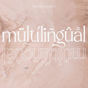May include: White text on a light pink background reads "multilingual" and "renowned".