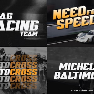 May include: A collage of four images featuring different racing themes. The top left image features the text "DRAG RACING TEAM" in a bold, white, jagged font. The top right image features the text "NEED FOR SPEED" in a bold, yellow, jagged font. The bottom left image features the text "MOTOCROSS" repeated four times in a bold, yellow, jagged font. The bottom right image features the text "MICHELIN BALTIMORE" in a bold, white, jagged font.