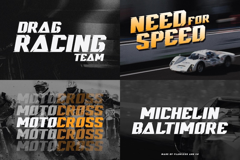 May include: A collage of four images featuring different racing themes. The top left image features the text "DRAG RACING TEAM" in a bold, white, jagged font. The top right image features the text "NEED FOR SPEED" in a bold, yellow, jagged font. The bottom left image features the text "MOTOCROSS" repeated four times in a bold, yellow, jagged font. The bottom right image features the text "MICHELIN BALTIMORE" in a bold, white, jagged font.