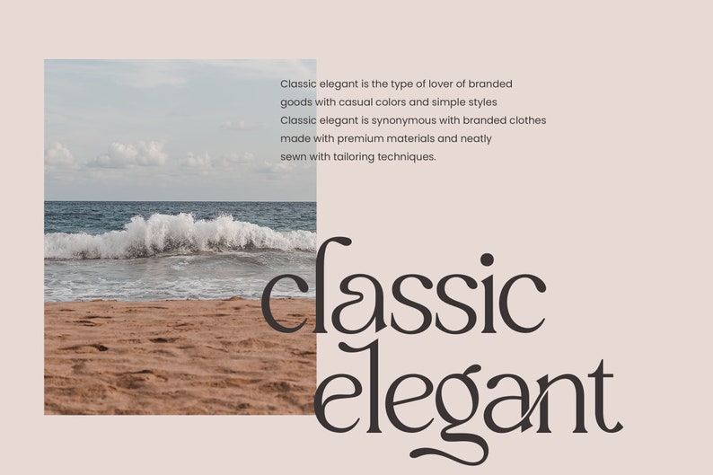 May include: A beach scene with a wave crashing on the shore. The text "classic elegant" is superimposed over the image.