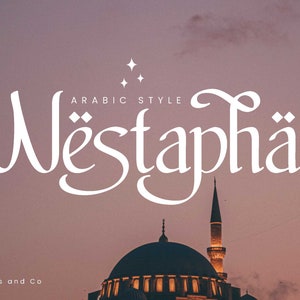 May include: White Arabic style font design with the name "Nëstapha" over a dusky pink and purple background. The image includes a mosque with minarets and the text "By Flawless and Co".
