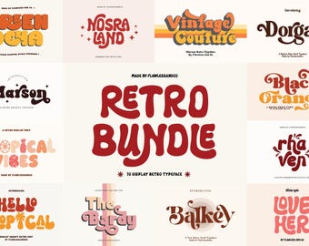 May include: A collection of 10 retro display fonts, each with a unique style and color scheme. The fonts are displayed in a grid format, with each font name and a sample of the font's lettering. The fonts are all in a retro style, with rounded letters and bold lines. The fonts are perfect for creating eye-catching designs for logos, posters, and other graphic design projects.