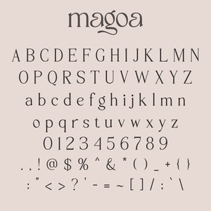 May include: A font alphabet chart with the word "magoa" at the top. The chart includes uppercase and lowercase letters, numbers, and punctuation marks.