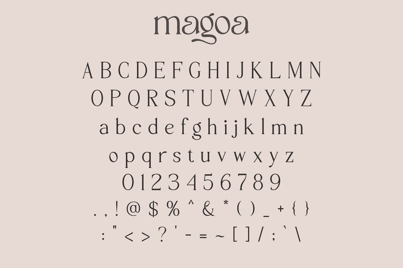 May include: A font alphabet chart with the word "magoa" at the top. The chart includes uppercase and lowercase letters, numbers, and punctuation marks.